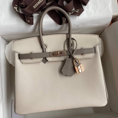 Hermes HSS Birkin 25 Bicolor Bag in Craie and Gris Asphalt Epsom Calfskin