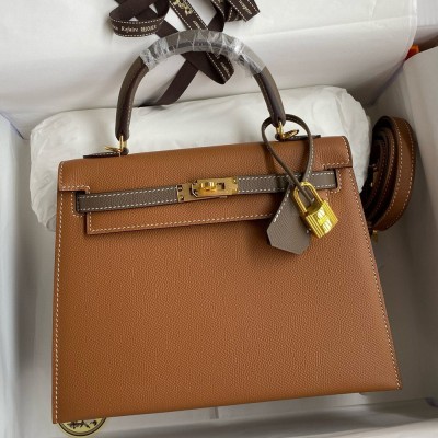 Hermes HSS Kelly Sellier 25 Bicolor Bag in Gold and Taupe Epsom Calfskin