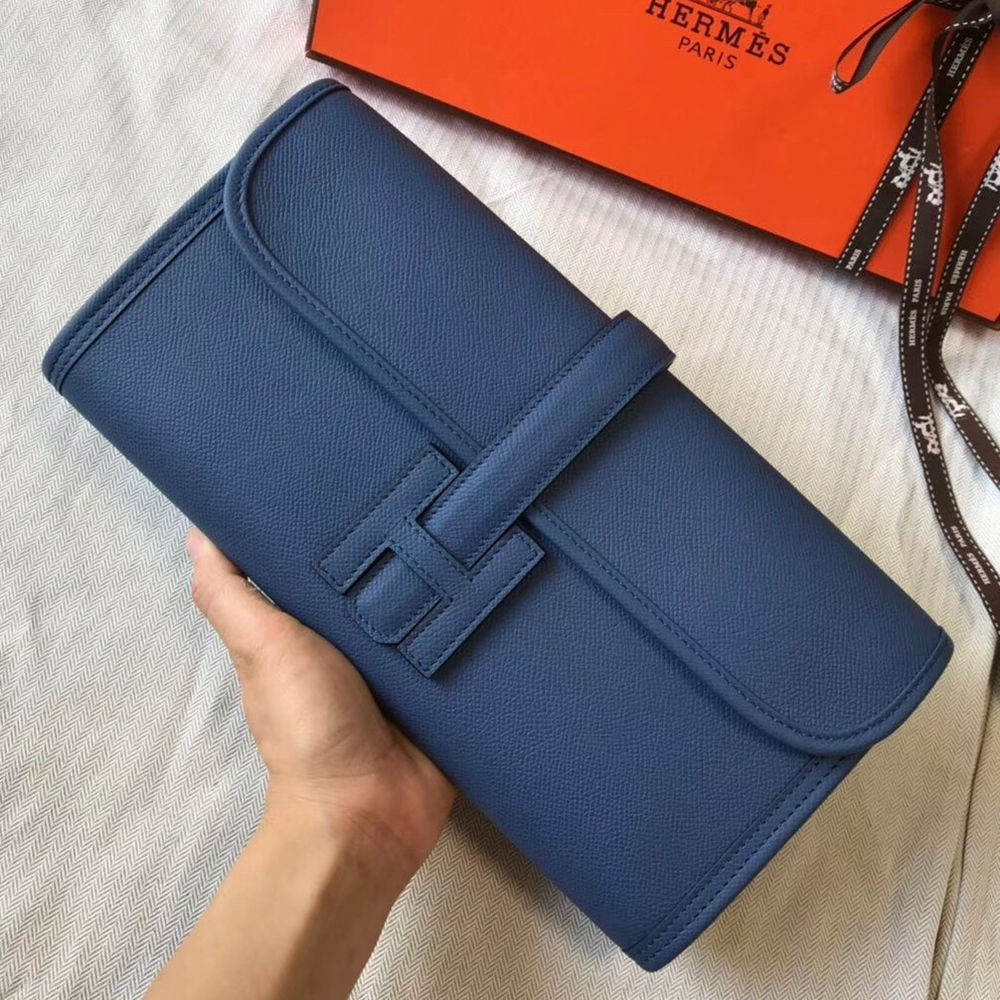 Hermes Jige Elan 29 Clutch Bag In Blue Agate Epsom Leather