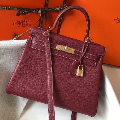 Hermes Kelly 25cm Retourne Bag in Bordeaux Clemence Leather GHW