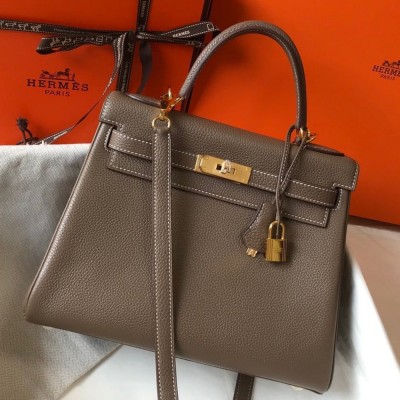 Hermes Kelly 25cm Retourne Bag in Taupe Clemence Leather GHW