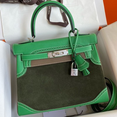 Hermes Kelly 28 Ghillies Grizzly Bag in Bambou Evercolor and Olive Veau Doblis