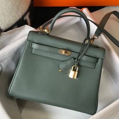 Hermes Kelly 28cm Retourne Bag in Vert Amande Clemence Leather GHW