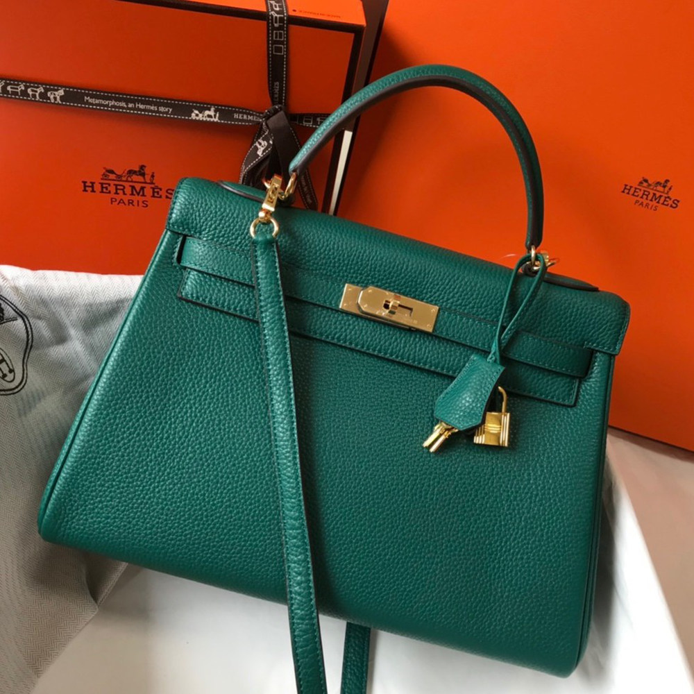 Hermes Kelly 32cm Retourne Bag in Malachite Clemence Leather GHW