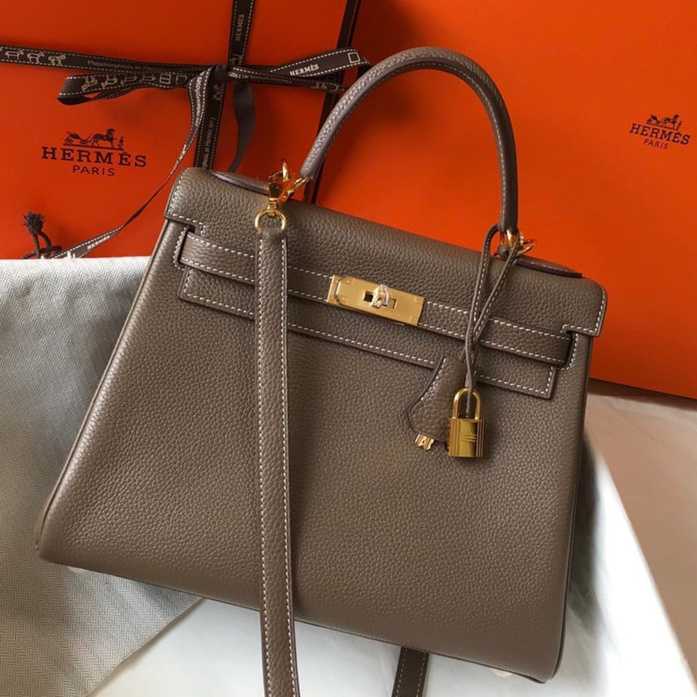 Hermes Kelly 32cm Retourne Bag in Taupe Clemence Leather GHW