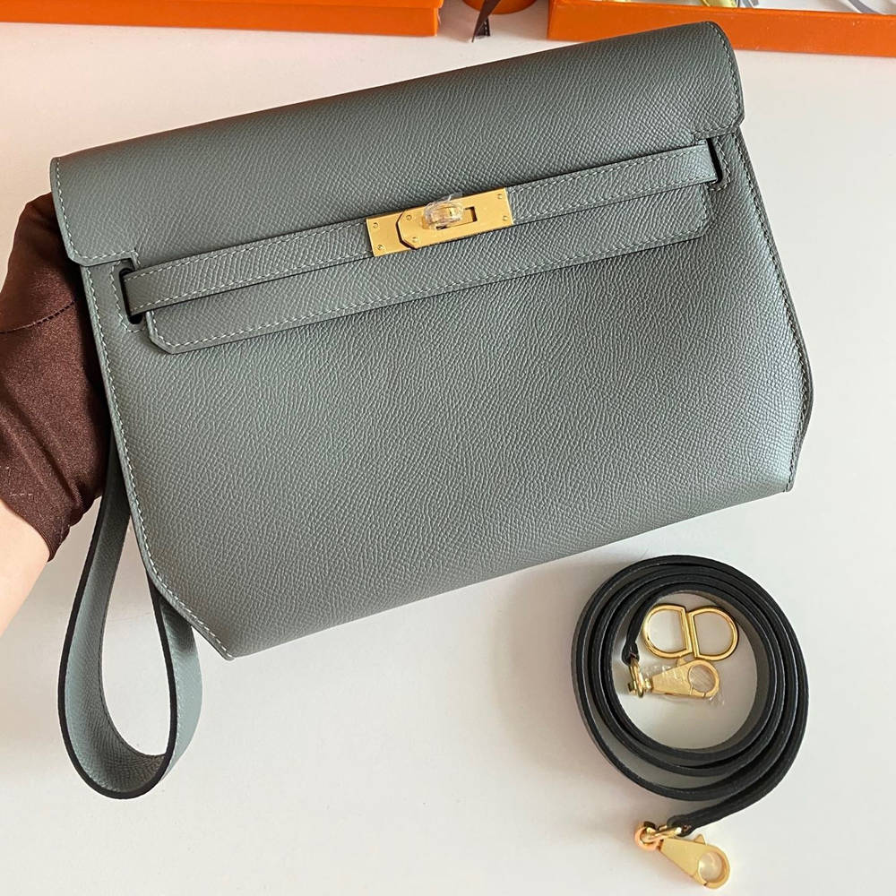 Hermes Kelly Depeches 25 Pouch in Vert Amande Epsom Calfskin