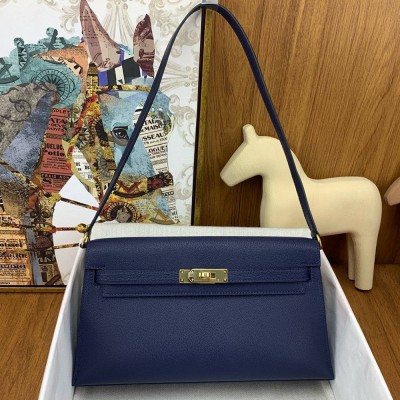 Hermes Kelly Elan Handmade Bag In Blue Saphir Chevre Mysore Leather