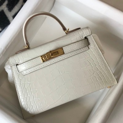 Hermes Kelly Mini II Sellier Bag In Beton Crocodile Embossed Leather