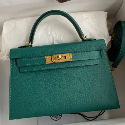 Hermes Kelly Mini II Sellier Handmade Bag In Malachite Epsom Calfskin