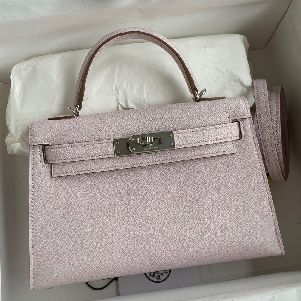 Hermes Kelly Mini II Sellier Handmade Bag In Mauve Pale Chevre Mysore Leather