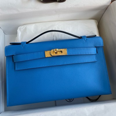 Hermes Kelly Pochette Handmade Bag In Blue Zanzibar Swift Calfskin