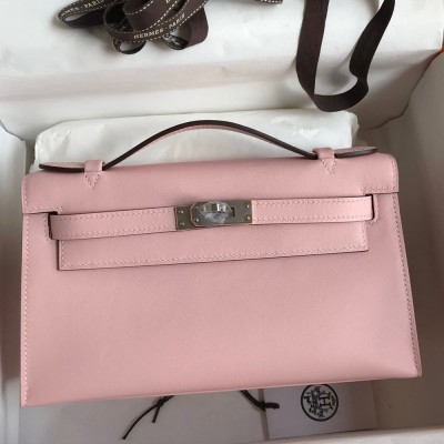 Hermes Kelly Pochette Handmade Bag In Rose Sakura Swift Calfskin