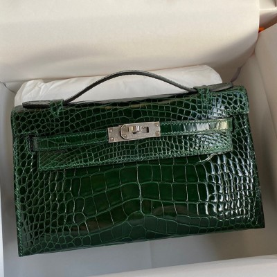 Hermes Kelly Pochette Handmade Bag In Vert Fonce Shiny Alligator Leather