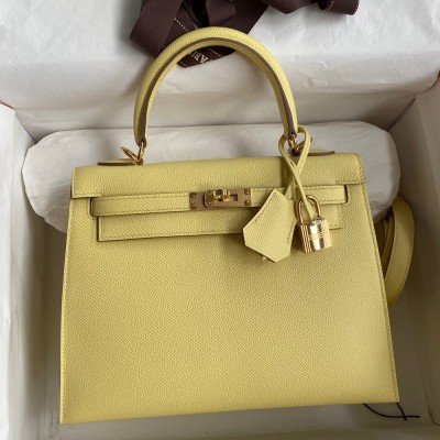 Hermes Kelly Sellier 25 Handmade Bag In Jaune Poussin Epsom Calfskin