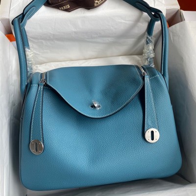 Hermes Lindy 30 Handmade Bag In Blue Jean Clemence Leather