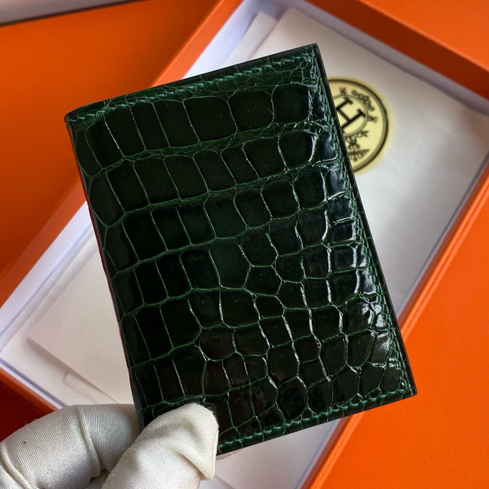 Hermes MC2 Euclide Card Holder in Vert Fonce Shiny Alligator Leather