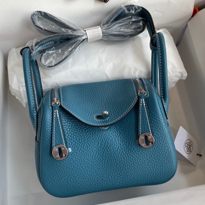 Hermes Mini Lindy Handmade Bag In Blue Jean Clemence Leather