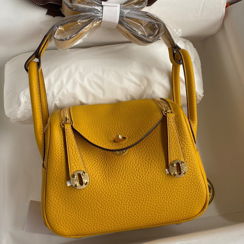 Hermes Mini Lindy Handmade Bag In Jaune Ambre Clemence Leather