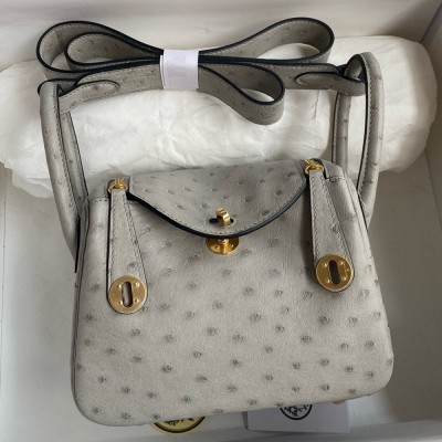 Hermes Mini Lindy Handmade Bag In Pearl Grey Ostrich Leather