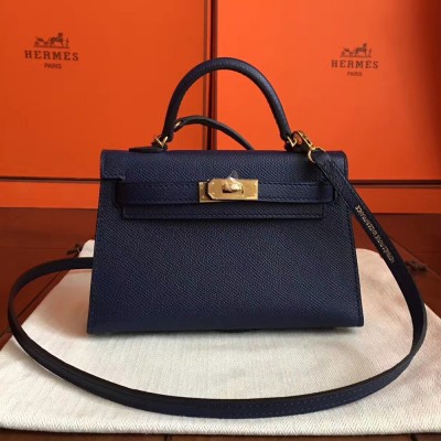 Hermes Sapphire Epsom Kelly Mini II Handmade Bag