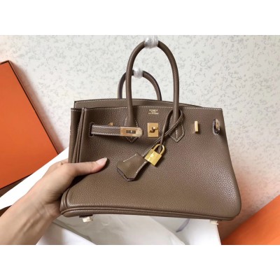 Hermes Taupe Birkin 25cm Clemence Handmade Bag