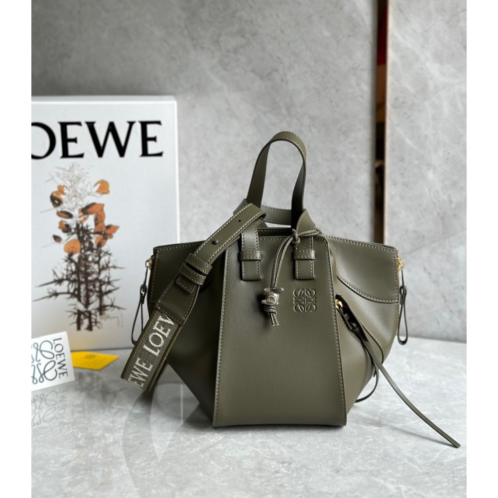 Loewe Compact Hammock Bag in Khaki Green Satin Calfskin TDBS27898