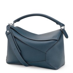 Loewe Large Puzzle Bag In Blue Grained Leather TDBS27936