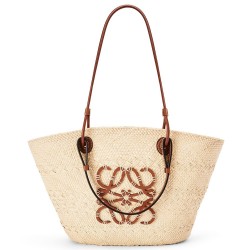 Loewe Medium Anagram Basket Bag in Iraca Palm and Brown Calfskin  TDBS27803