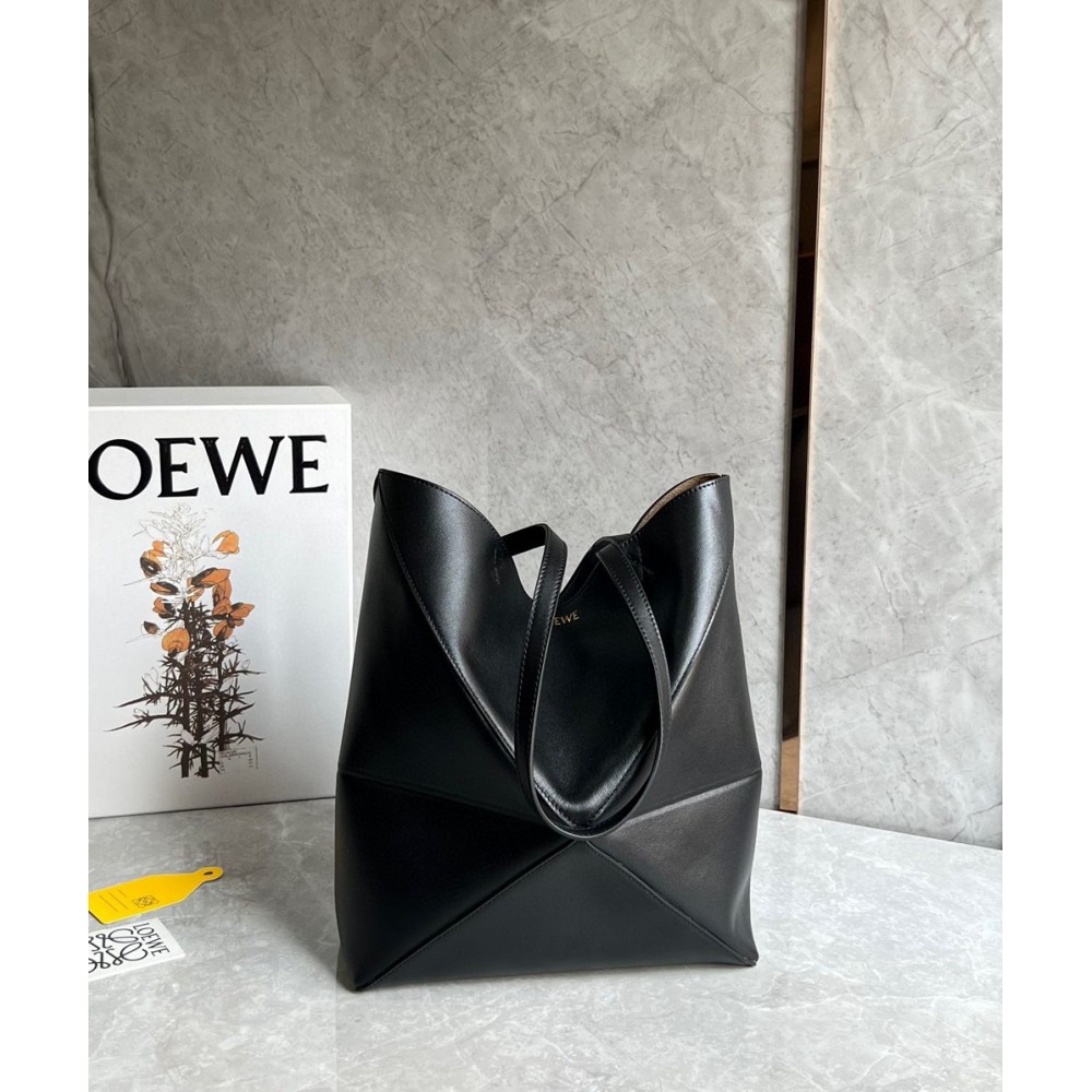 Loewe Medium Puzzle Fold Tote Bag in Black Calfskin TDBS28037