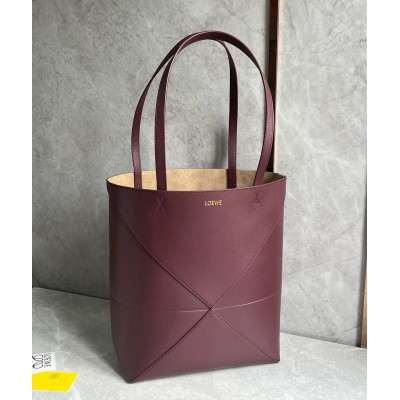 Loewe Medium Puzzle Fold Tote Bag in Bordeaux Calfskin TDBS28038