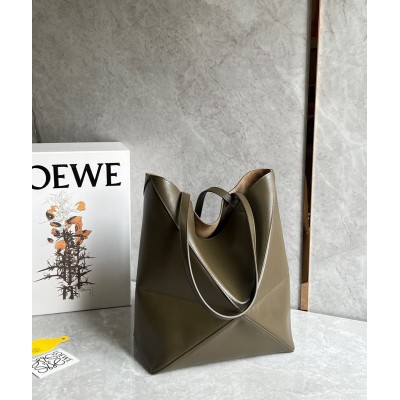 Loewe Medium Puzzle Fold Tote Bag in Dark Green Calfskin TDBS28039