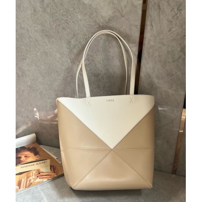 Loewe Medium Puzzle Fold Tote Bag in White/Beige Calfskin TDBS28042