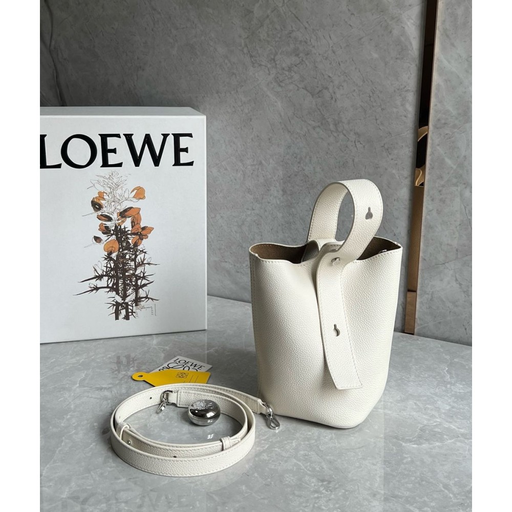 Loewe Mini Pebble Bucket Bag in White Grained Leather TDBS27821