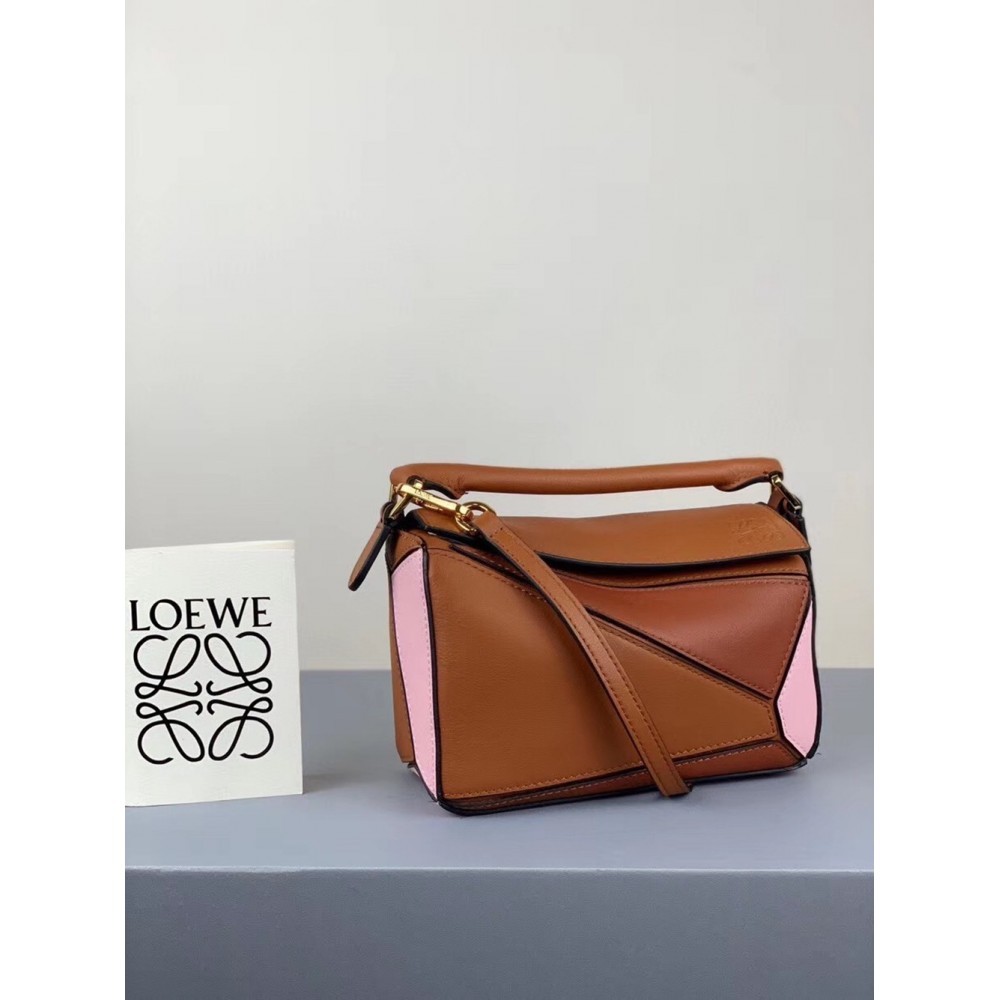 Loewe Mini Puzzle Bag In Brown/Camel/Pink Calfskin TDBS27942