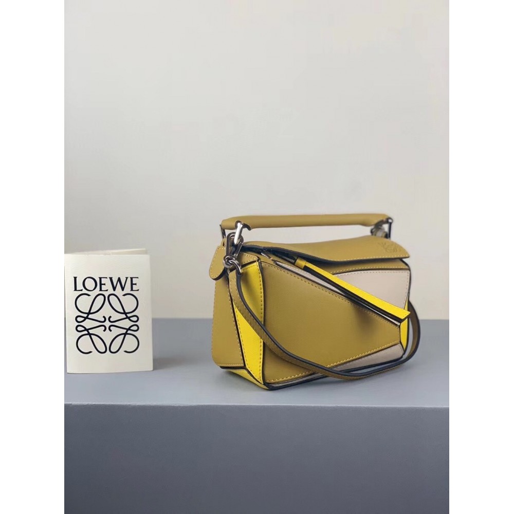 Loewe Mini Puzzle Bag In Ochre/White/Yellow Calfskin TDBS27943