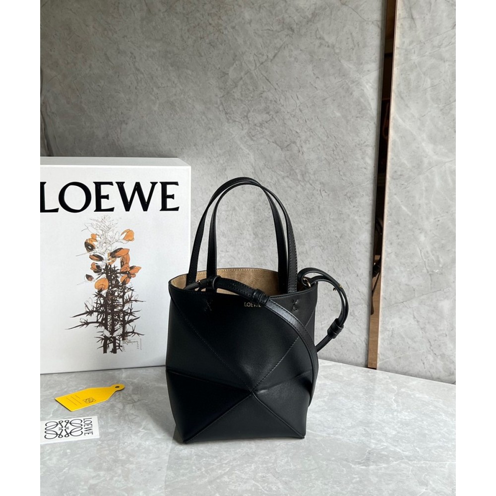 Loewe Mini Puzzle Fold Tote Bag in Black Calfskin TDBS28043