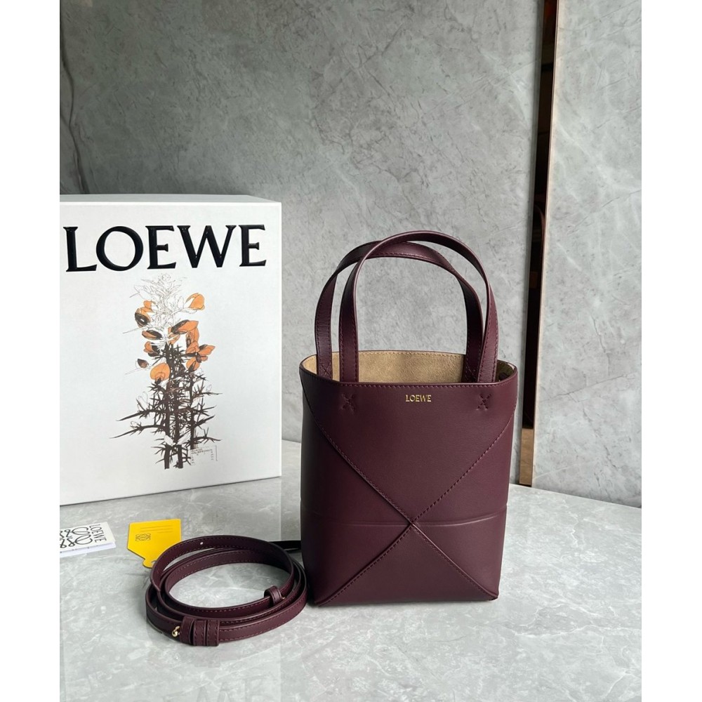 Loewe Mini Puzzle Fold Tote Bag in Bordeaux Calfskin TDBS28044