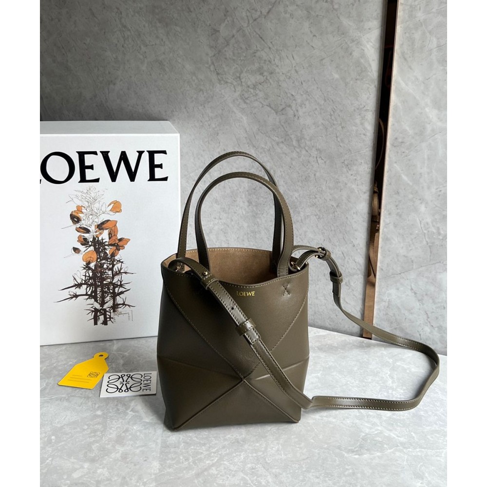 Loewe Mini Puzzle Fold Tote Bag in Dark Green Calfskin TDBS28045