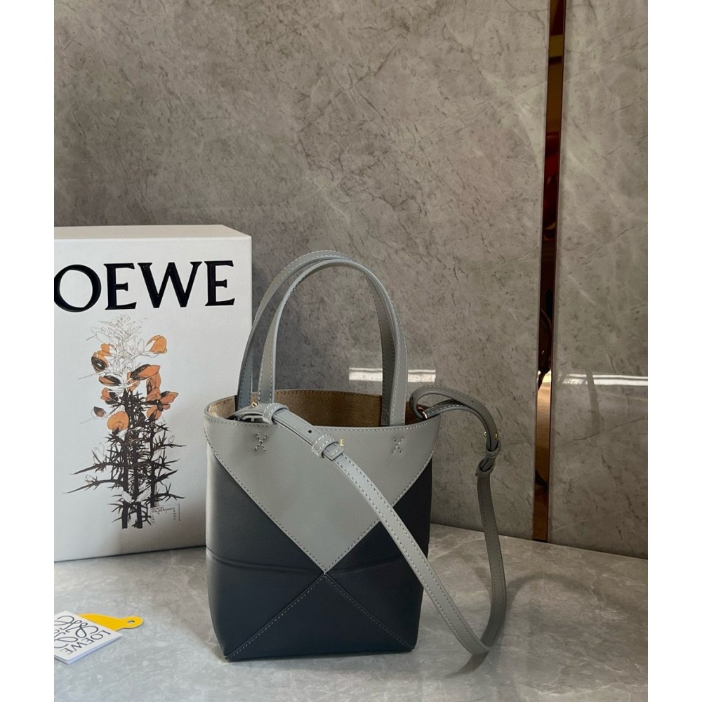 Loewe Mini Puzzle Fold Tote Bag in Grey/Dark Grey Calfskin TDBS28046