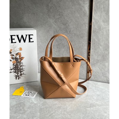 Loewe Mini Puzzle Fold Tote Bag in Tan Calfskin TDBS28047