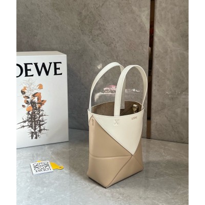 Loewe Mini Puzzle Fold Tote Bag in White/Beige Calfskin TDBS28048