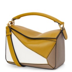 Loewe Puzzle Small Bag In Ochre/White/Taupe Calfskin TDBS27990