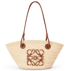 Loewe Small Anagram Basket Bag in Iraca Palm and Brown Calfskin TDBS27805