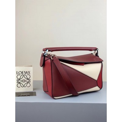 Loewe Small Puzzle Bag In Bordeaux/Garnet/White Calfskin TDBS28000