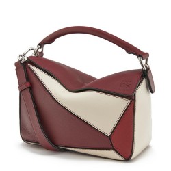 Loewe Small Puzzle Bag In Bordeaux/Garnet/White Calfskin TDBS28000