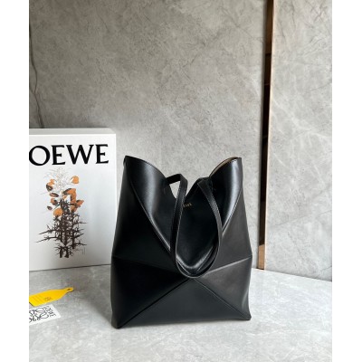 Loewe Medium Puzzle Fold Tote Bag in Black Calfskin