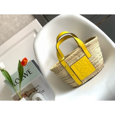 Loewe Small Basket Bag in Raffia and Yellow Calfskin