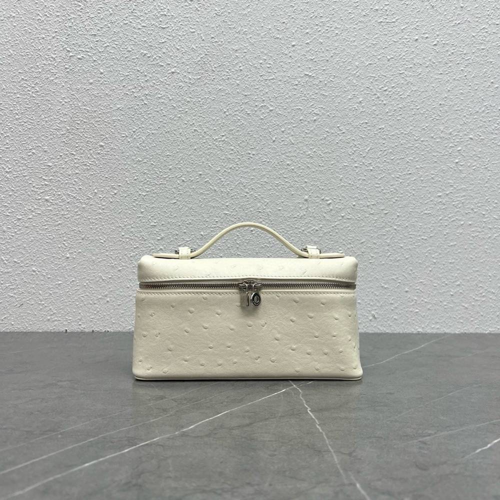 Loro Piana Extra Pocket Pouch L19 in White Ostrich-embossed Leather TDBS28057