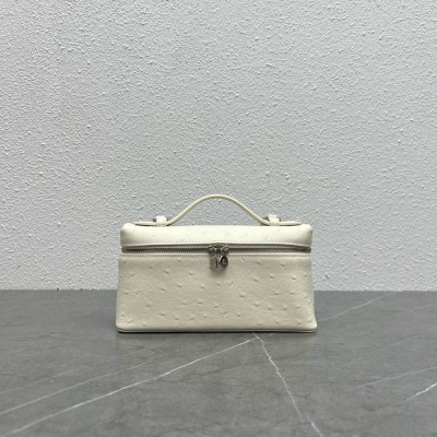 Loro Piana Extra Pocket Pouch L19 in White Ostrich-embossed Leather TDBS28057