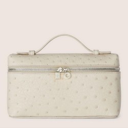 Loro Piana Extra Pocket Pouch L19 in White Ostrich-embossed Leather TDBS28057